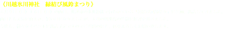 《川越氷川神社　縁結び風鈴まつり》
８月９日（日）１６日（日）の両日、川越市の氷川神社で行われている「縁結び風鈴祭り」に参加、出店してきました。
両日とも天気に恵まれ、暑い日になりましたが、大勢の観光客の皆様に好評を頂きました。
今後も、様々なイベントに出店予定ですのでご愛顧のほど、何卒よろしくお願い致します。